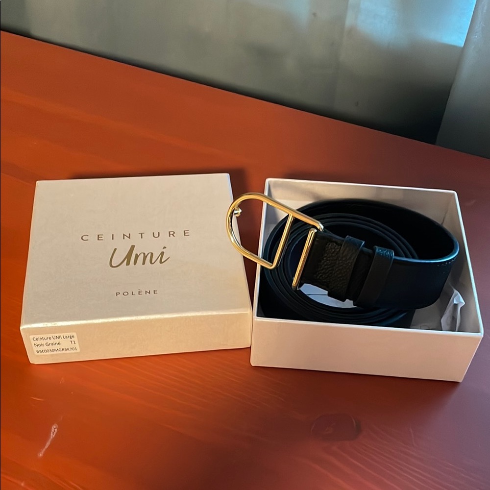 Polene Black Leather Belt with Gold Buckle